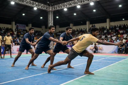 Kabaddi players in action during a match at an indoor arena