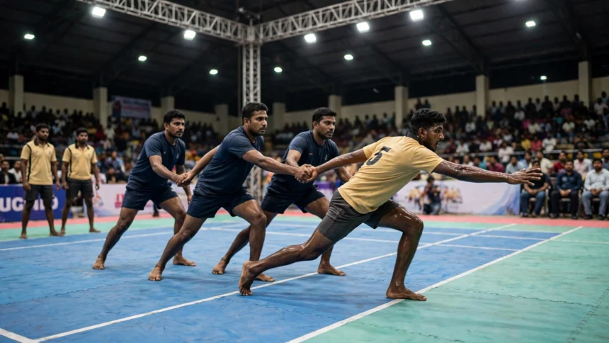 Kabaddi players in action during a match at an indoor arena