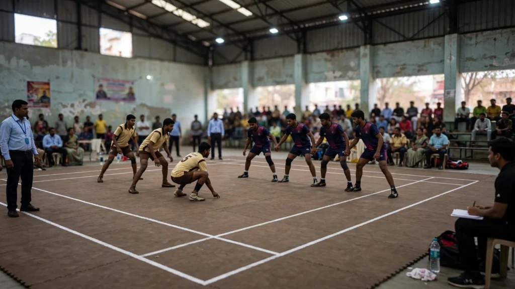 Kabaddi court action during a match at an indoor arena