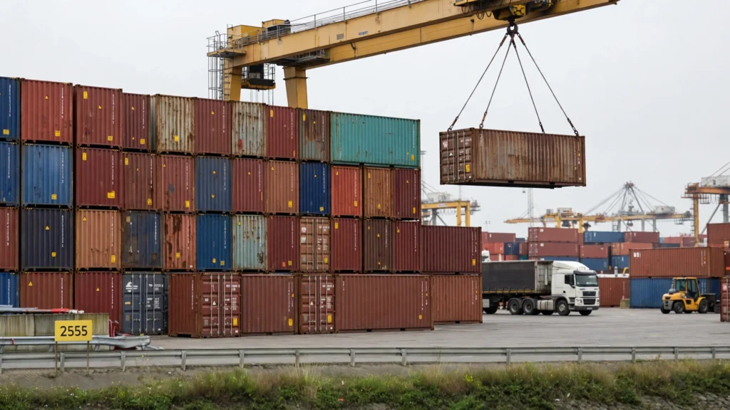 A crane lifting a shipping container above stacked containers at a port.