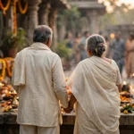 An older couple in cream outfits holding hands at a temple ceremony decorated with marigold garlands.