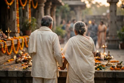 An older couple in cream outfits holding hands at a temple ceremony decorated with marigold garlands.