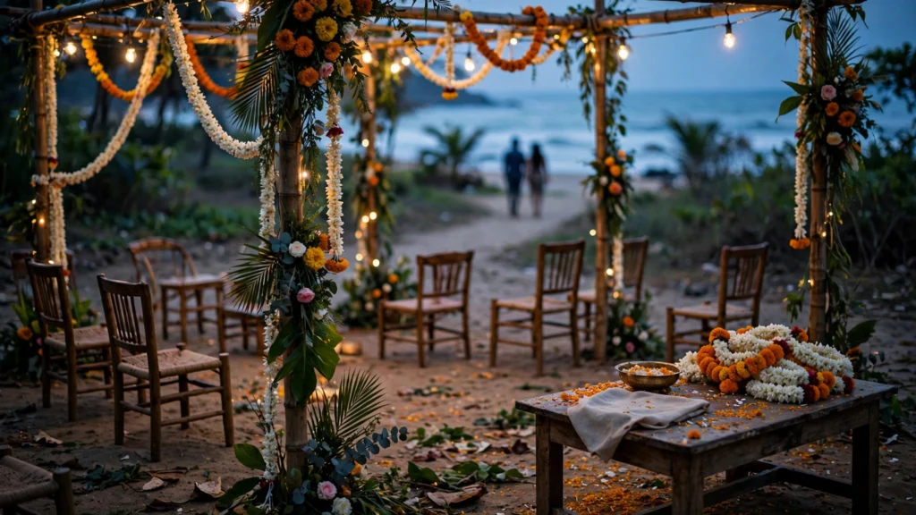 A flower-decorated mandap with string lights by the sea at dusk in Goa.