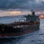 Crude oil tanker ship sailing near a coastal refinery at dusk