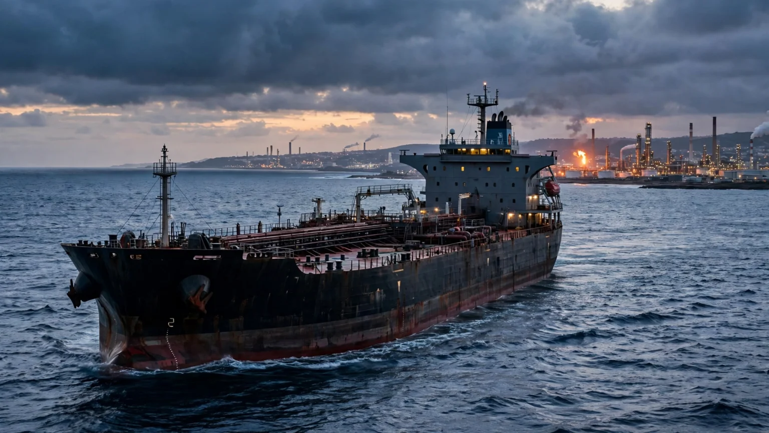 Crude oil tanker ship sailing near a coastal refinery at dusk