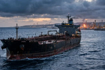 Crude oil tanker ship sailing near a coastal refinery at dusk