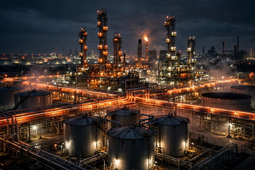 Oil refinery with illuminated pipelines and storage tanks at night