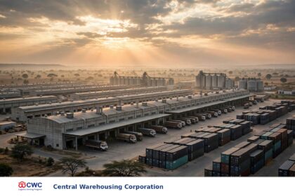Central Warehousing Corporation warehouse complex (logo via Wikipedia; background AI-generated composite)