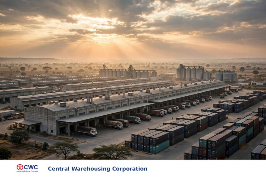 Central Warehousing Corporation warehouse complex (logo via Wikipedia; background AI-generated composite)