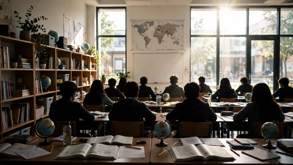 An international school classroom with students at their desks, illustrating the IB Diploma Programme story