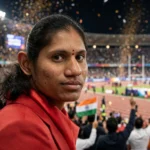 Deepthi Jeevanji after her Asian Para Games gold in Nagoya. Photo: President's Secretariat / Wikimedia Commons (background composite, GODL-India licence)