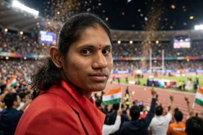 Deepthi Jeevanji after her Asian Para Games gold in Nagoya. Photo: President's Secretariat / Wikimedia Commons (background composite, GODL-India licence)
