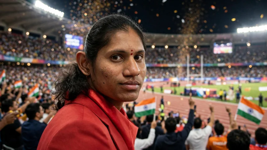 Deepthi Jeevanji after her Asian Para Games gold in Nagoya. Photo: President's Secretariat / Wikimedia Commons (background composite, GODL-India licence)