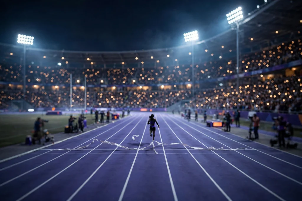 A sprinter crosses the finish line under floodlights at the Asian Para Games 2026 (representative image).