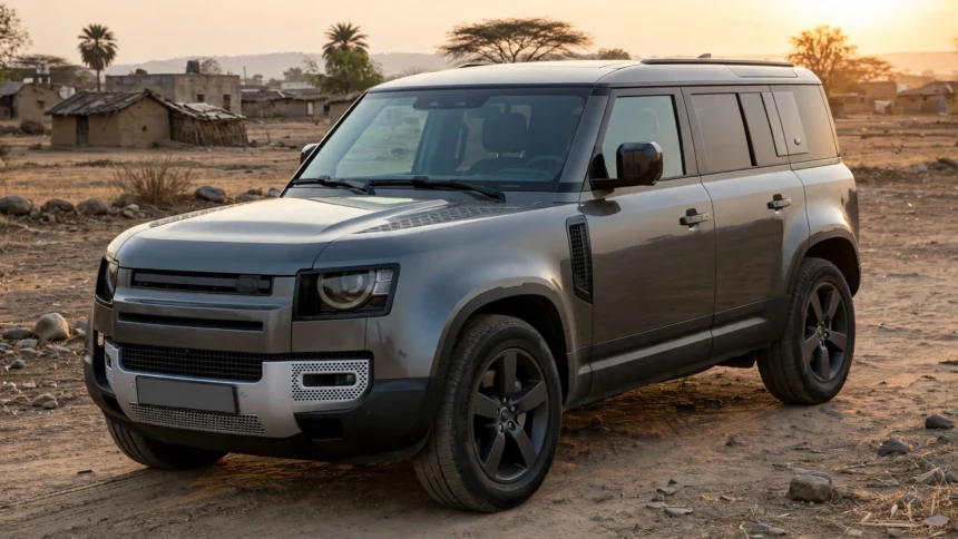 Land Rover Defender 110 parked on open ground at sunset. AI image grounded in a real photo by Alexander Migl, Wikimedia Commons, CC BY-SA 4.0.