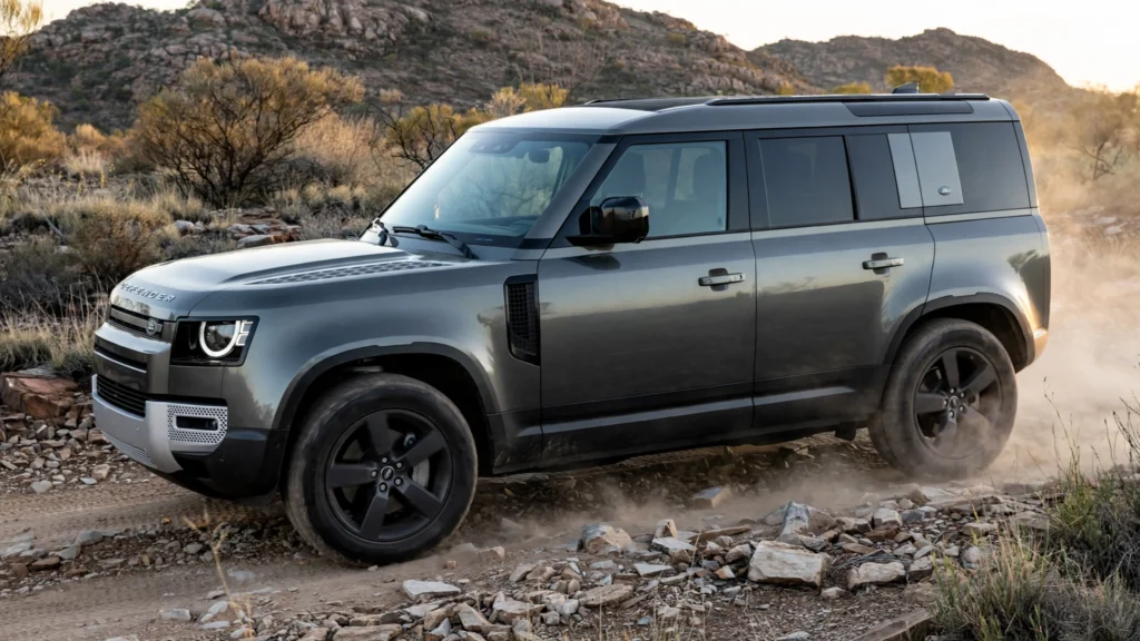 Land Rover Defender 110 on a rocky trail. AI image grounded in a real photo by Alexander Migl, Wikimedia Commons, CC BY-SA 4.0.