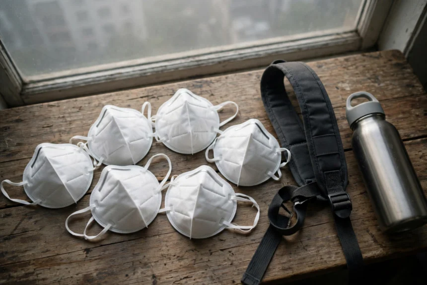 Child-size N95 masks with a school bag beside a hazy window