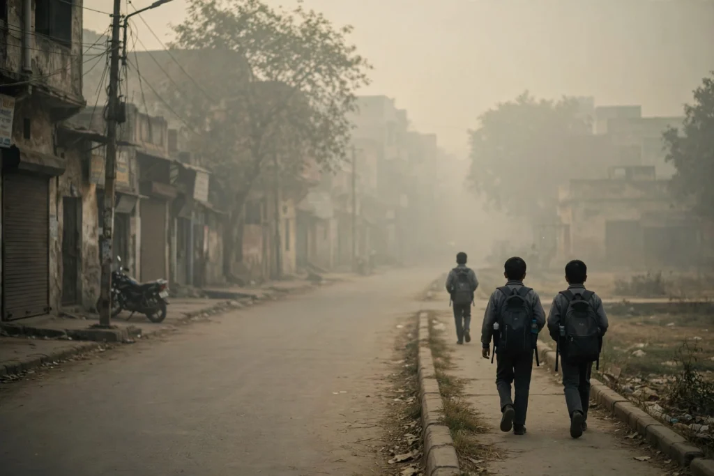 Schoolchildren walking through smog in Delhi