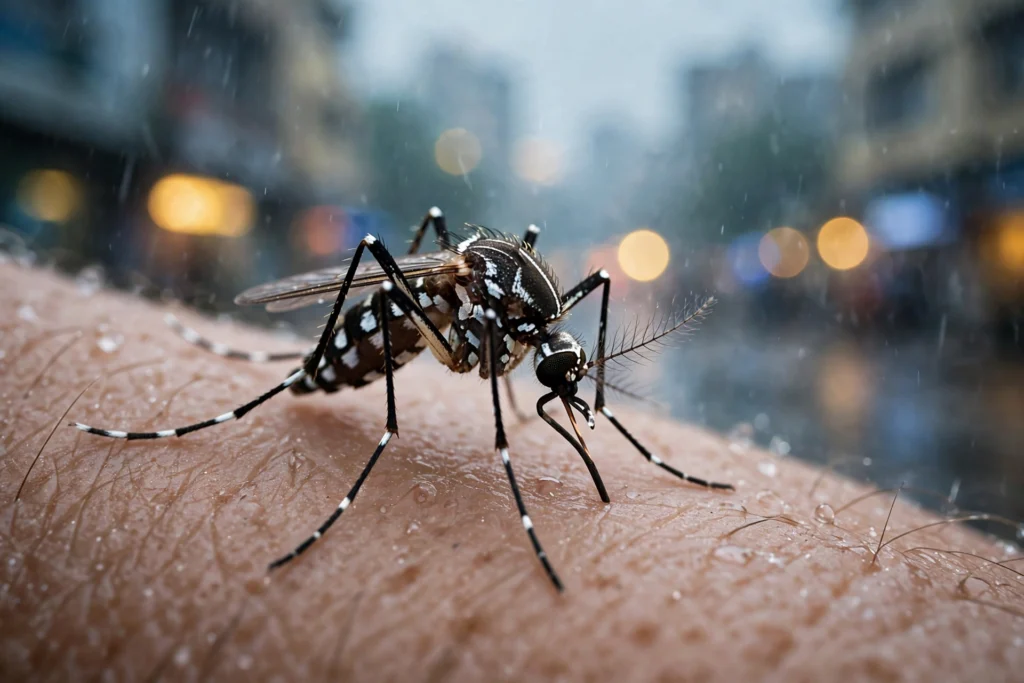 AI-generated editorial image of an Aedes mosquito, the carrier of the dengue virus