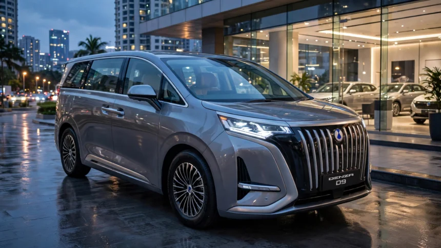 Denza D9 luxury electric MPV parked outside a premium dealership at night. Photo: User3204 / Wikimedia Commons (CC BY-SA 4.0), composite background.