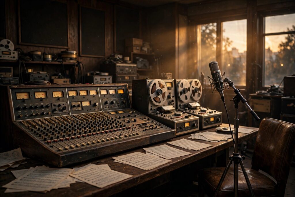Vintage film recording studio with mixing console and reel-to-reel tape machines.