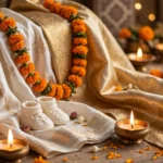 Festive ivory and golden silk with marigolds and diyas celebrating Devi Padukone Singh's name reveal on Dussehra (AI-generated thematic visual)