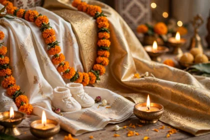 Festive ivory and golden silk with marigolds and diyas celebrating Devi Padukone Singh's name reveal on Dussehra (AI-generated thematic visual)