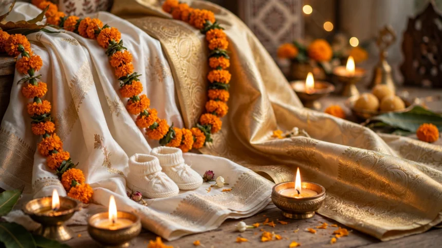 Festive ivory and golden silk with marigolds and diyas celebrating Devi Padukone Singh's name reveal on Dussehra (AI-generated thematic visual)