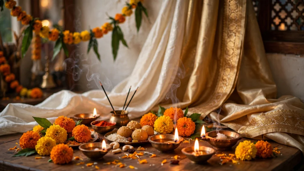 Dussehra celebration with diyas, marigolds and silk decor (AI-generated thematic visual)