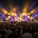 Stadium concert crowd under stage lights at a sold-out night show