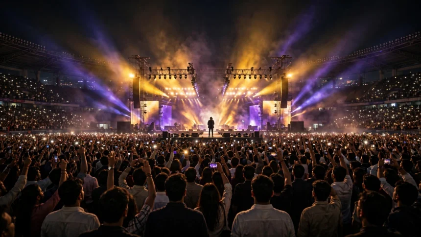 Stadium concert crowd under stage lights at a sold-out night show