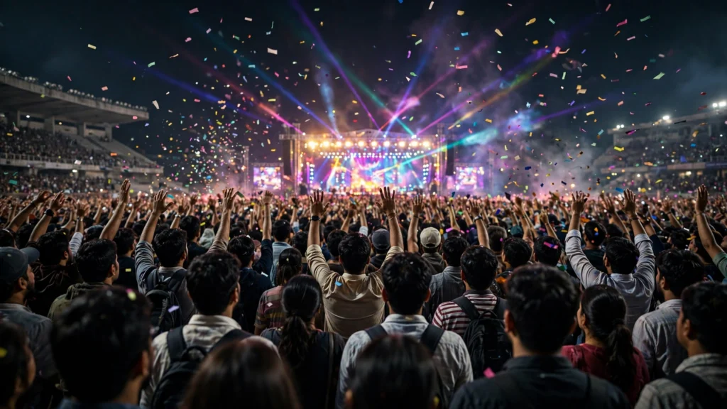 Concert crowd with confetti and stage lights at a stadium show