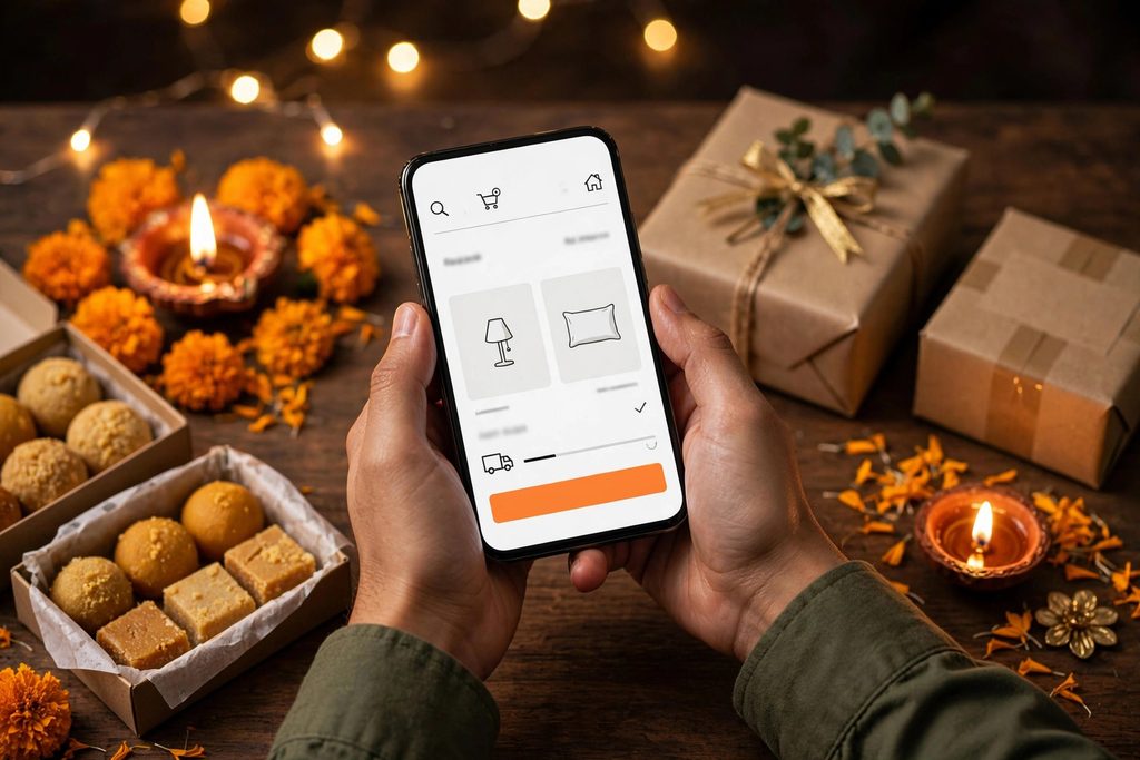 Smartphone-based festive shopping at home in India during Diwali sales