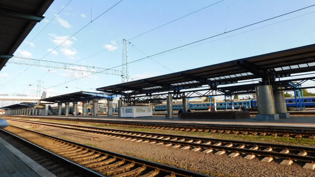 Tracks and platforms at Dnipro railway station, Ukraine.
