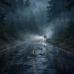 Rain-soaked forest highway at night, crime thriller mood