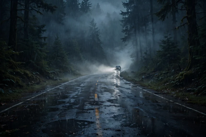 Rain-soaked forest highway at night, crime thriller mood