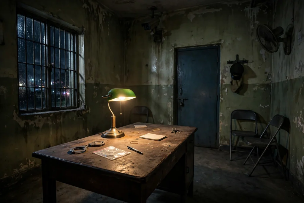 Empty police interrogation room at night