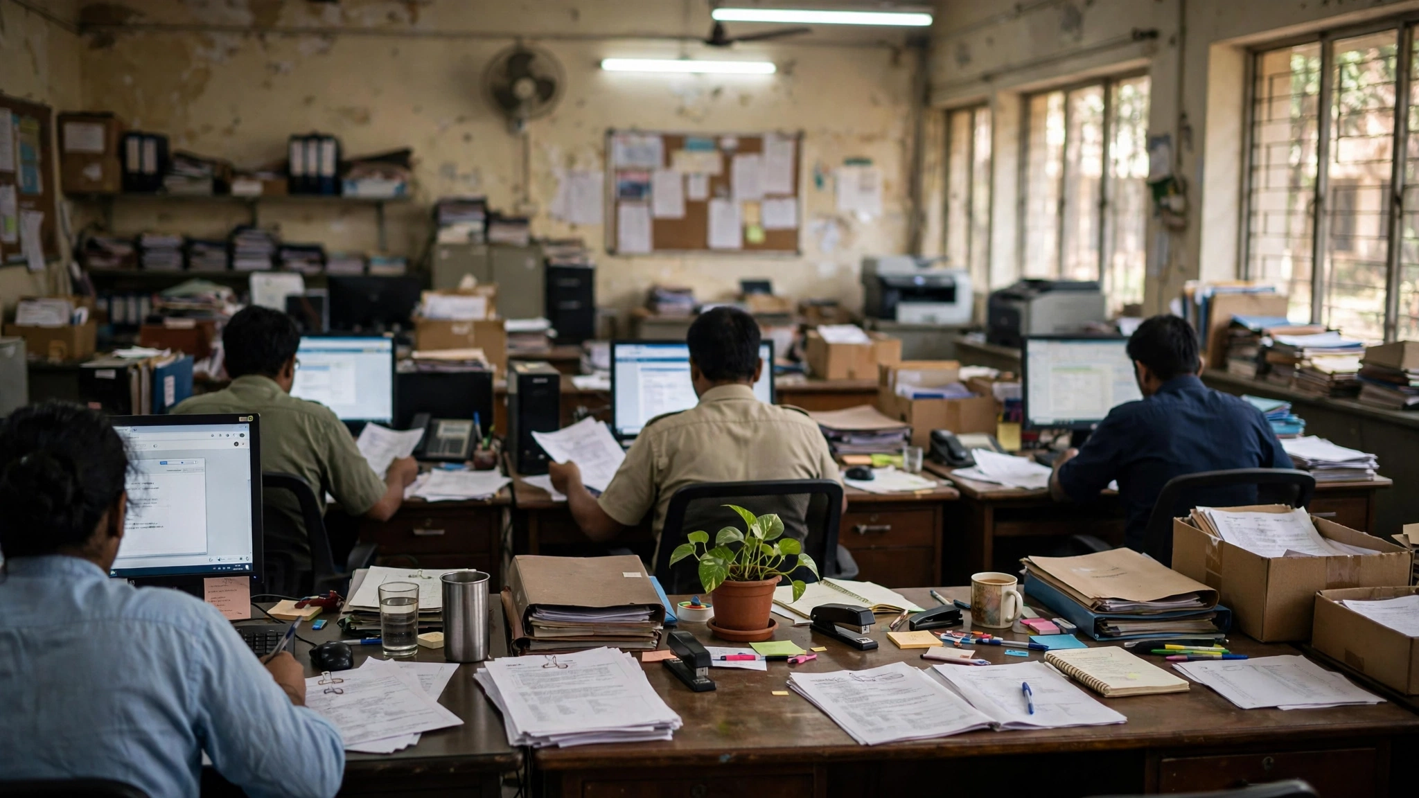 Applicants working at computers in a university administrative office, Delhi University Assistant Recruitment 2026