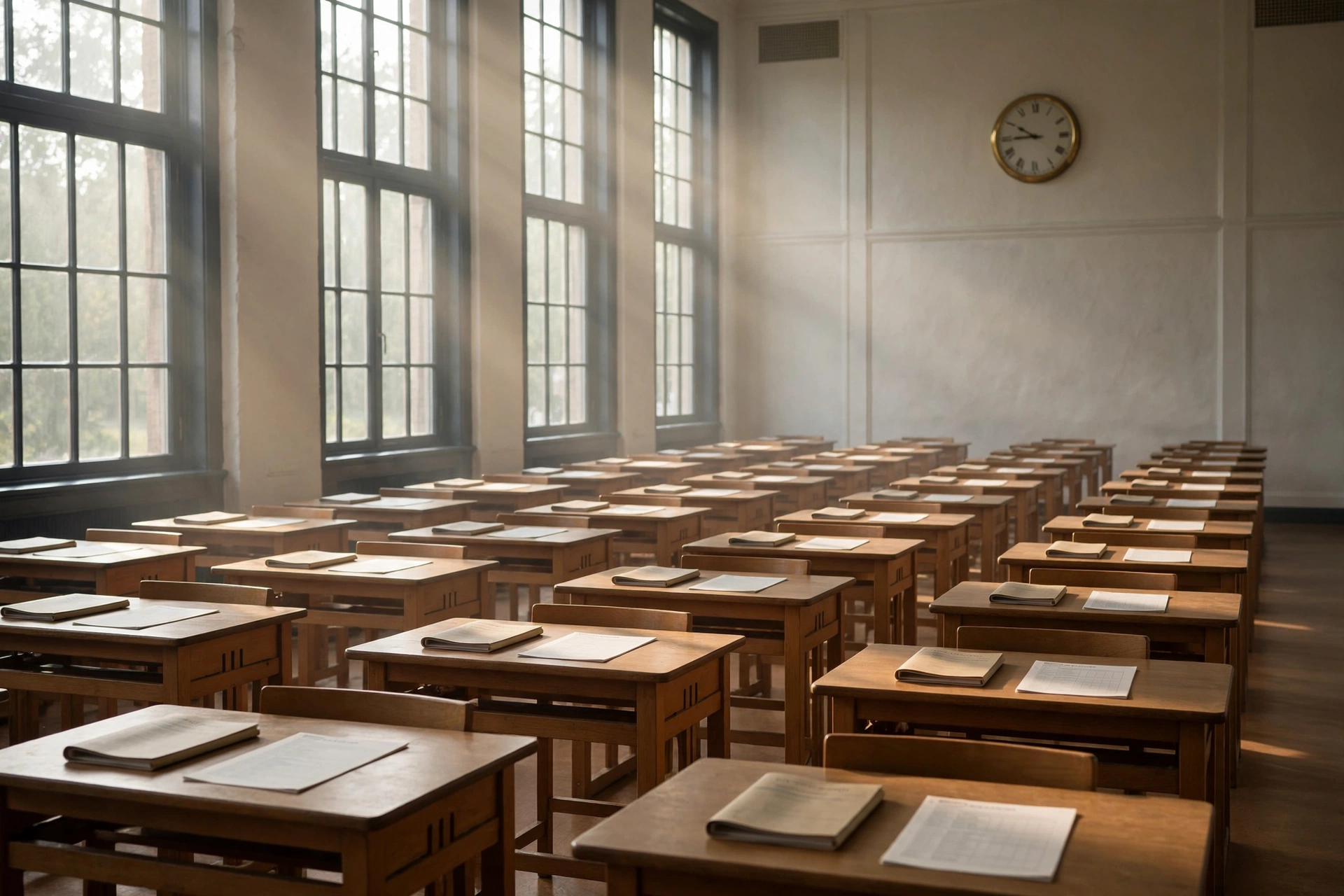 A quiet examination hall with neatly arranged desks, rows of answer sheets and a clock on the wall, in soft morning light.