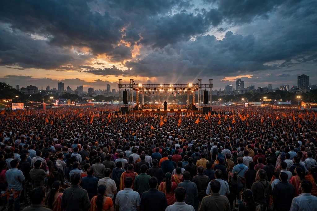 Saffron flags and a packed rally ground at a political rally in Mumbai