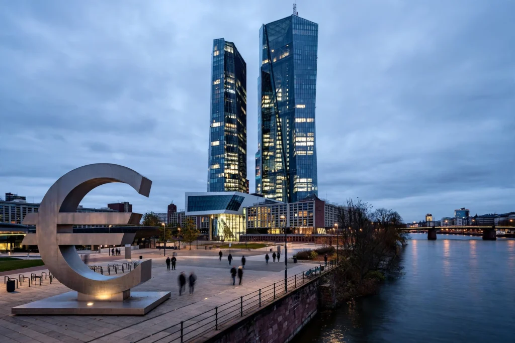 European Central Bank headquarters in Frankfurt at dusk