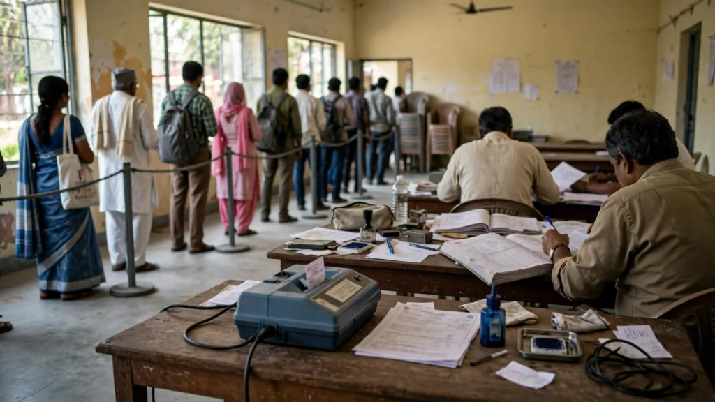 Voters and officials at an Indian polling station
