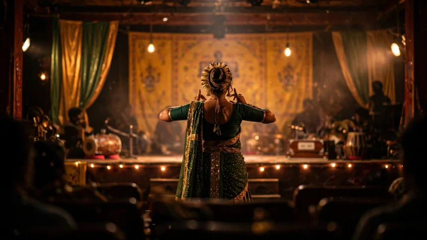 A Lavani and Tamasha stage performance scene with warm stage lights
