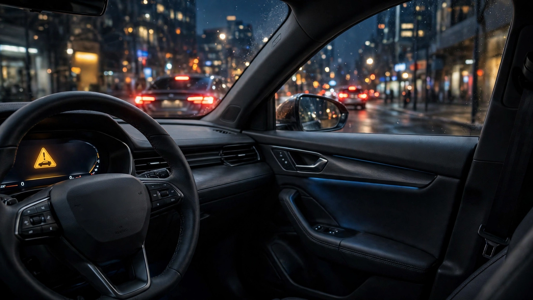 Representative illustration: a car cockpit showing a forward-collision warning as the vehicle ahead brakes. AI-generated image.