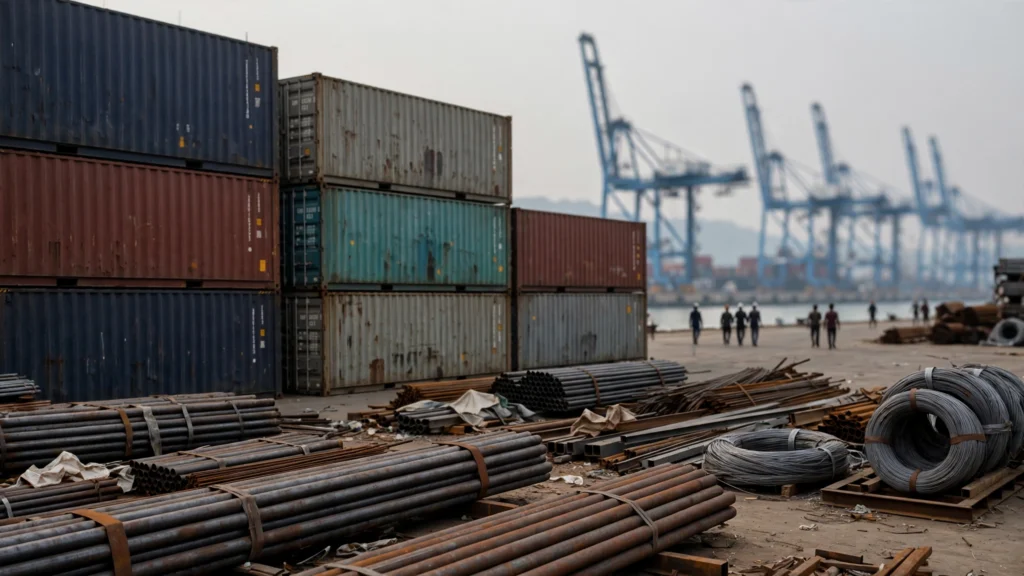 Stacked shipping containers and steel cargo at a container port