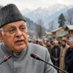 Farooq Abdullah addressing a political gathering in Kashmir. Portrait grounded in a real Government of India photo via Wikimedia Commons; scene composite.