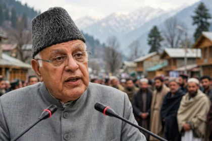 Farooq Abdullah addressing a political gathering in Kashmir. Portrait grounded in a real Government of India photo via Wikimedia Commons; scene composite.