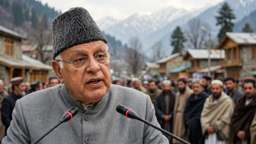 Farooq Abdullah addressing a political gathering in Kashmir. Portrait grounded in a real Government of India photo via Wikimedia Commons; scene composite.