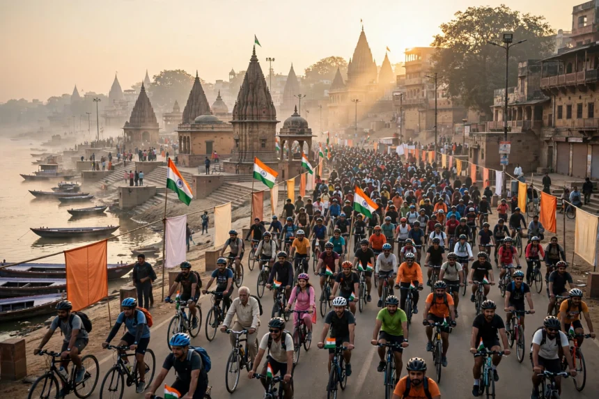 Union Sports Minister Mansukh Mandaviya leading the 94th Fit India Sundays on Cycle rally in Varanasi