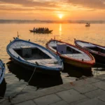 Boats at sunrise on the Ganges at Varanasi ghats